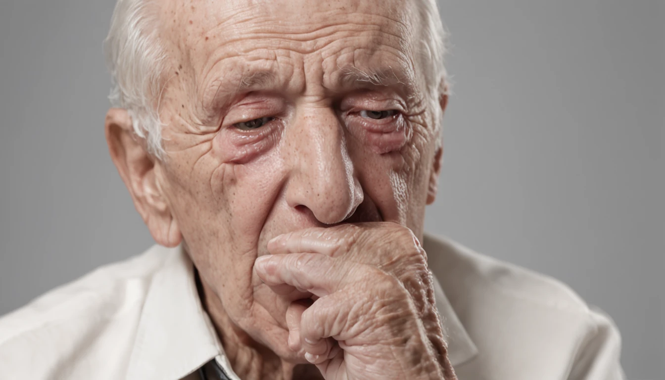 There was a man sitting on the couch, coughing, sick with a cold, A old man,, extremly intricate, Exhalation coagulation, shutter inventory, intricate complexity, Yawning, spit flying from mouth, Take a cold breath, disease