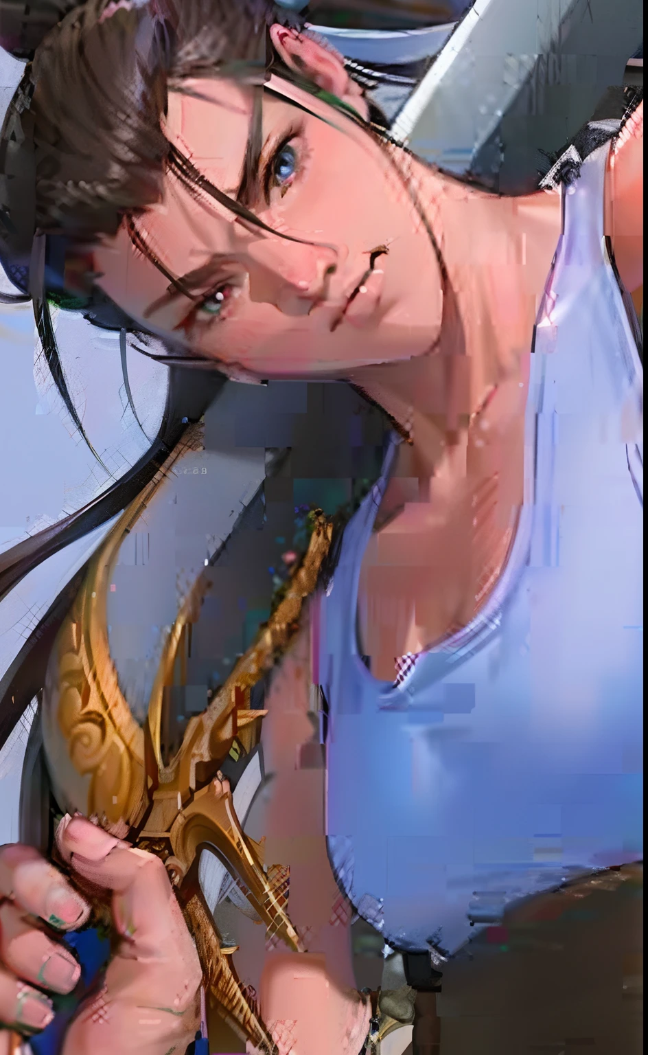 a close up of a person holding a sword in a field, chun li, chun-li, chun - li, portrait of chun - li, shinkiro toshiaki mori, portrait of chun li, portrait of tifa lockhart, shinkiro, avatar image, tifa, tifa lockhart, akira from chinese mythology, anime ninja scroll, chun li at the gym