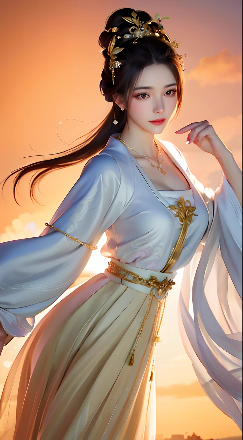 A woman wearing a white dress,Wearing a gold necklace and a white dress, White Hanfu, a beautiful fantasy empress, ((a beautiful fantasy empress)), Palace , A girl in Hanfu, full-body xianxia, Anime goddess, flowing magical robe, Beautiful character painting, Inspired by Lan Ying, heise jinyao, Hanfu, Wearing ancient Chinese clothes