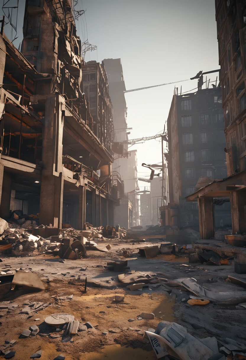 There is a picture of a construction site，There is a construction crane, created in unreal engine 5, made in unreal engine 5, destroyed city in background, Render in Unreal Engine 5, unreal engine 5 digital art, hyper-realistic environment, outdoors ruined cityscape, Unreal Engine 5 renderer, Unreal Engine 5 environment, dusty unreal engine, destroying a cityscape
