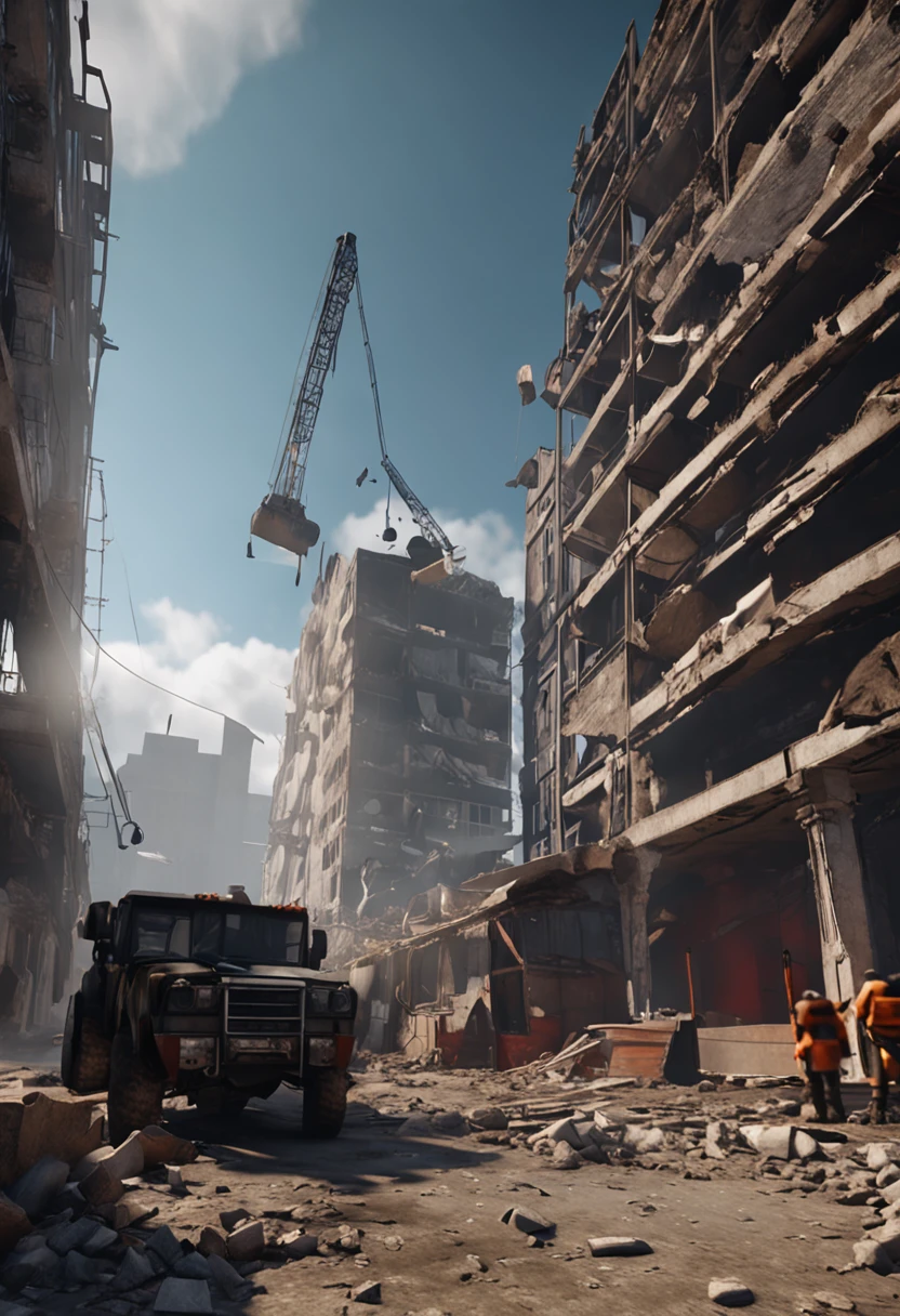 There is a picture of a construction site,There is a construction crane, created in unreal engine 5, made in unreal engine 5, destroyed city in background, Render in Unreal Engine 5, unreal engine 5 digital art, hyper-realistic environment, outdoors ruined cityscape, Unreal Engine 5 renderer, Unreal Engine 5 environment, dusty unreal engine, destroying a cityscape