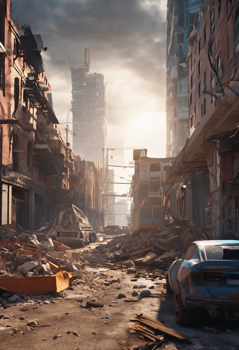 There is a picture of a construction site，There is a construction crane, created in unreal engine 5, made in unreal engine 5, destroyed city in background, Render in Unreal Engine 5, unreal engine 5 digital art, hyper-realistic environment, outdoors ruined cityscape, Unreal Engine 5 renderer, Unreal Engine 5 environment, dusty unreal engine, destroying a cityscape