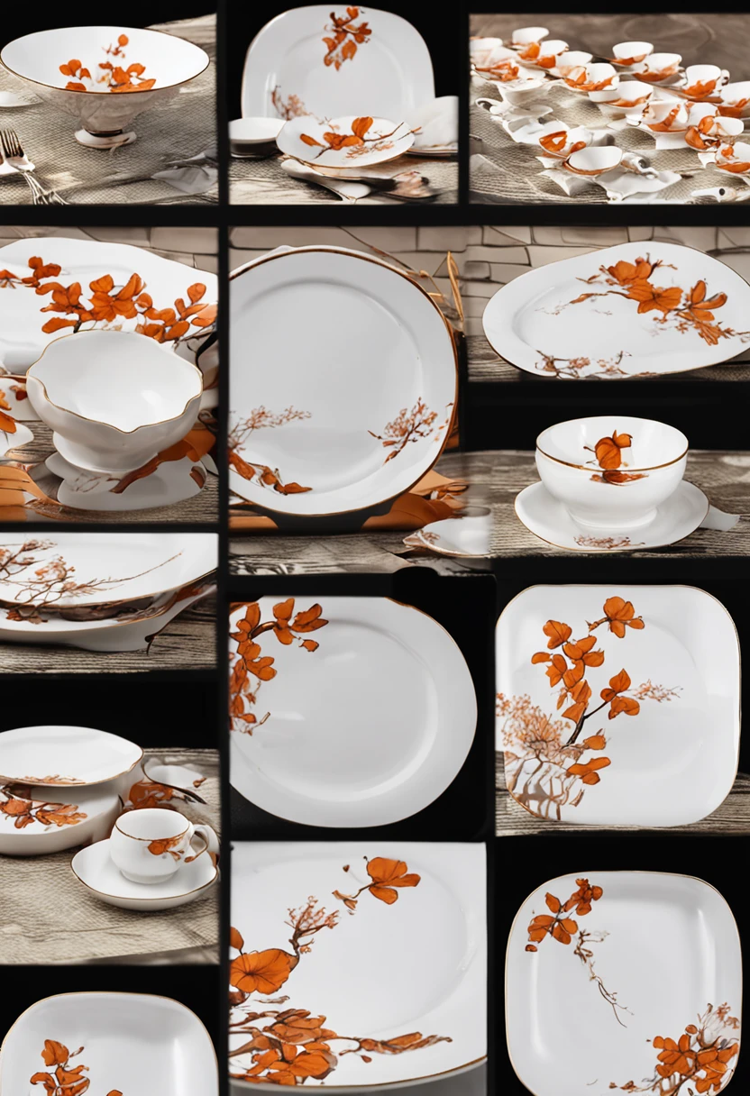 （There is a bone china plate），Ginkgo biloba motif，Real results，China-style，Bone china plate design artwork，Modern artwork，top views，Best results，artwork of a，best qualtiy,8K,3D，Color decoration，top Quority，the detail，