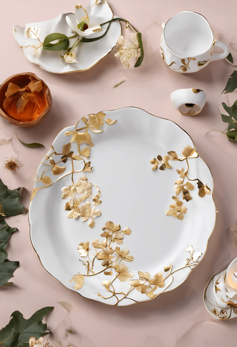 （There is a bone china plate），Ginkgo biloba motif，Real results，China-style，Bone china plate design artwork，Modern artwork，top views，Best results，artwork of a，best qualtiy,8K,3D，Color decoration，top Quority，the detail，