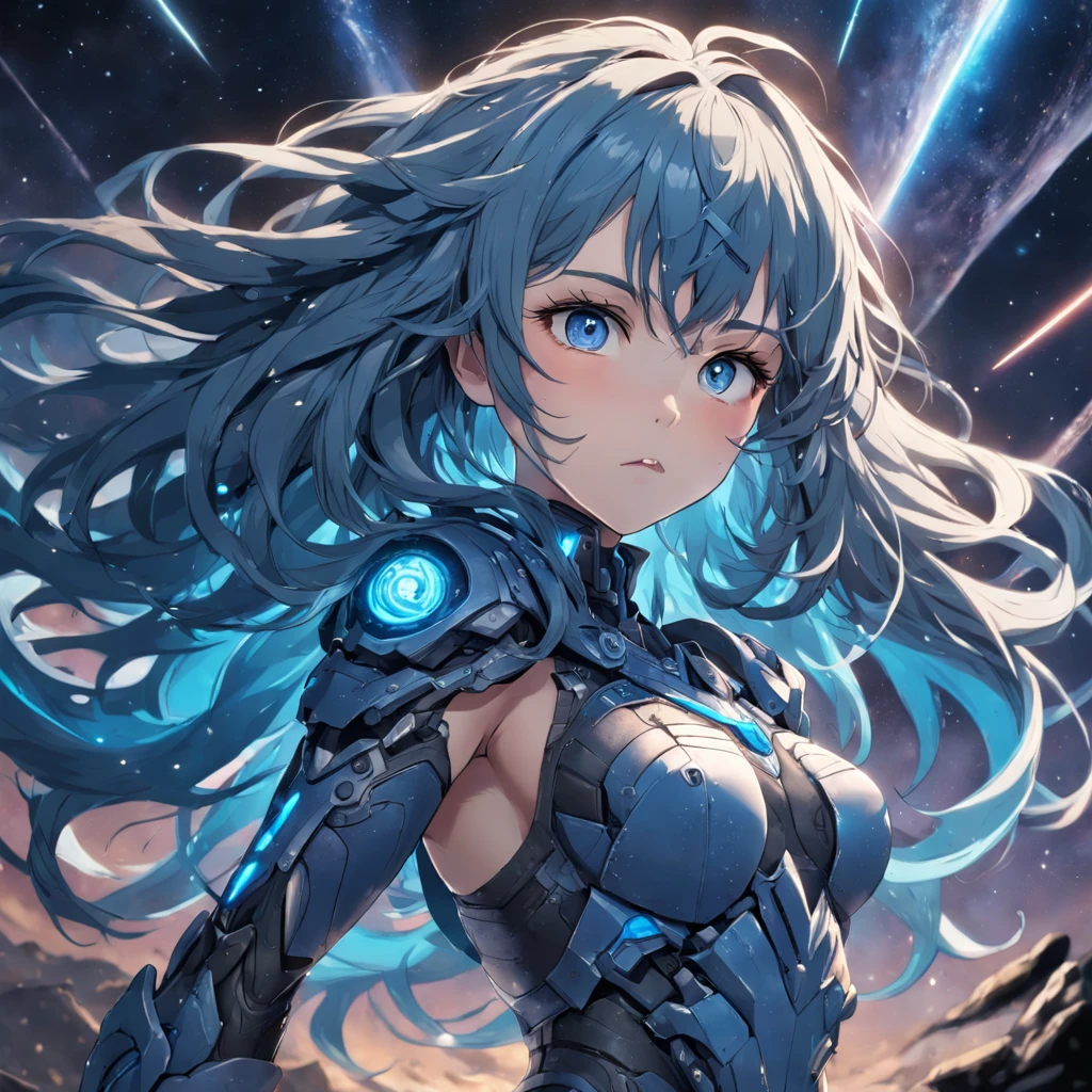low angle, full shot, female, hyper realistic, photo, long hair, body armor, floating in space, lab, curious expression apocalyptic environment full body official art, unity 8k wallpaper, ultra detailed, beautiful and aesthetic, masterpiece, best quality, zentangle, mandala, tangle, entangle, extremely detailed, dynamic angle, elegant, atmospheric, ecstasy of life, short messy blue hair