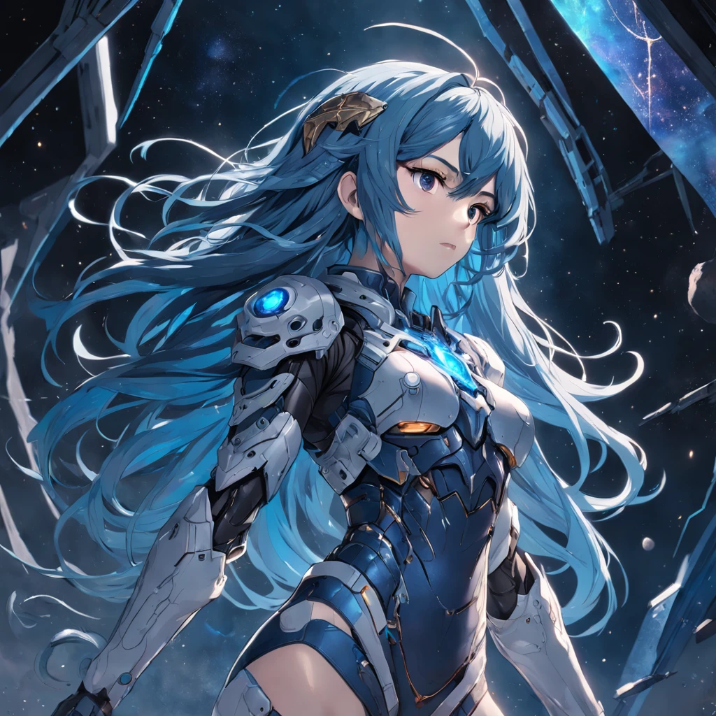 low angle, full shot, female, hyper realistic, photo, long hair, body armor, floating in space, lab, curious expression apocalyptic environment full body official art, unity 8k wallpaper, ultra detailed, beautiful and aesthetic, masterpiece, best quality, zentangle, mandala, tangle, entangle, extremely detailed, dynamic angle, elegant, atmospheric, ecstasy of life, short messy blue hair