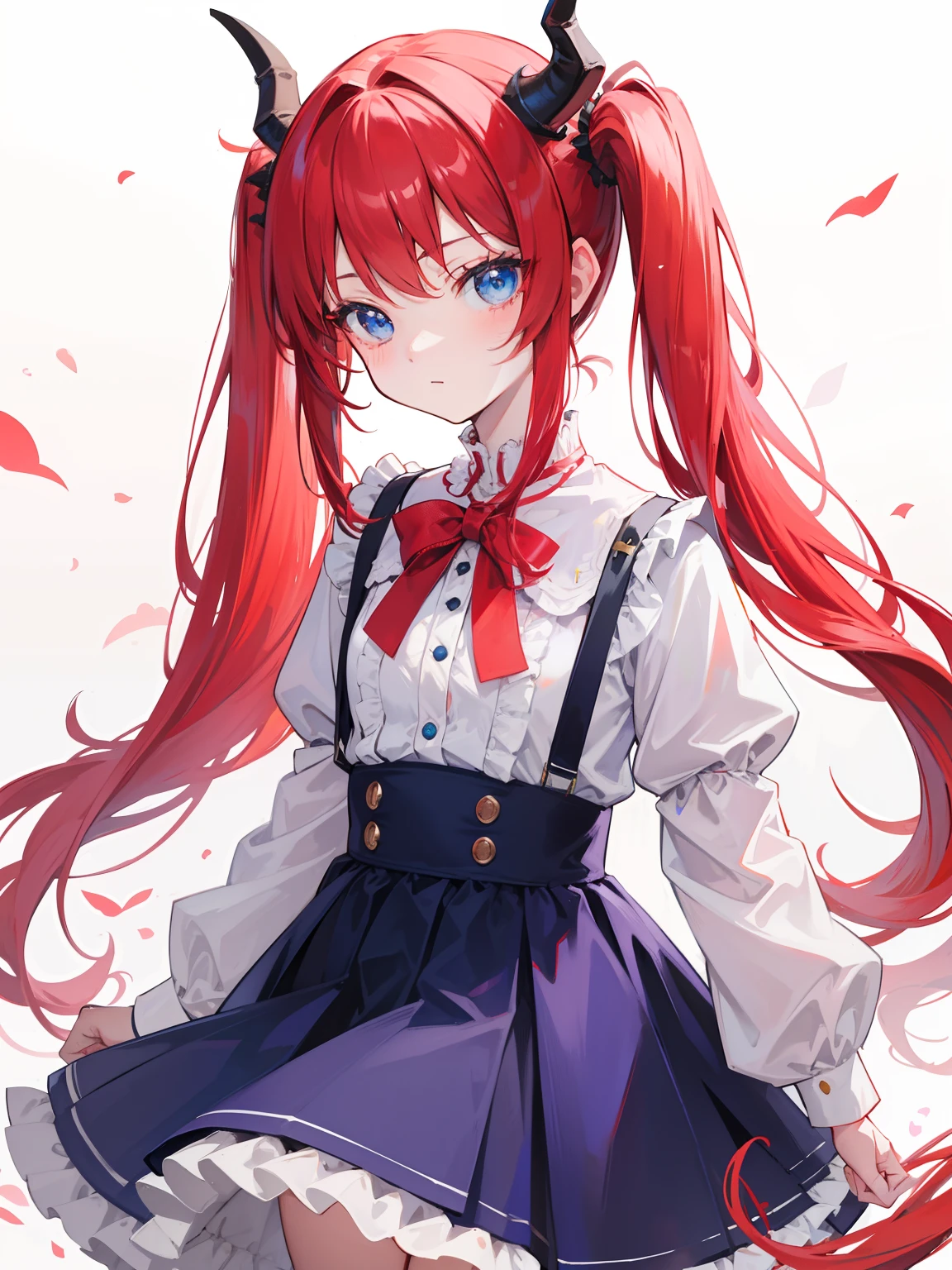 {{best quality}}, {{masterpiece}}, {{ultra-detailed}}, {illustration}, {detailed light}, red hair,blue eyes,twintails,lolita,Suspenders skirt,Fantastic,loli,solo,Dragon horns,little girl,long hair