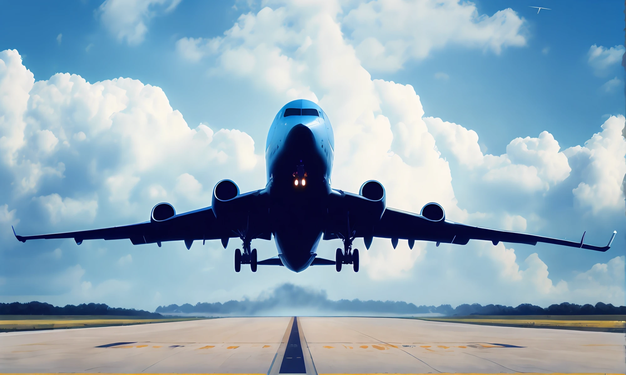 a poster,The plane takes off on the runway ,The background is blue sky,Faraway view,Bright