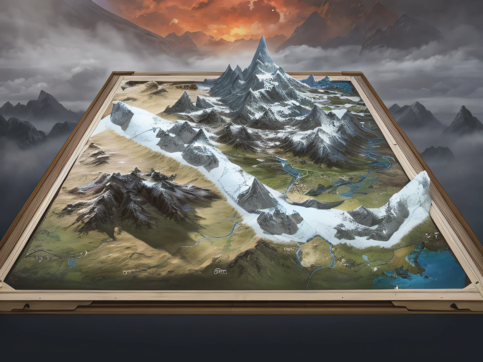 Close-up of mountain map with sky as background, game map matte painting, an exquisite 3 d map, dota matte painting concept art, dota! matte painting concept art, 4k detailed art, 4k highly detailed digital art, 3 d virtual landscape painting, Epic paintings, 8 k highly detailed art, Detailed 4K concept art