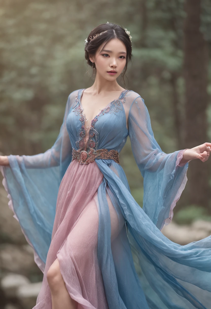 best qualtiy, tmasterpiece, The ultra-Highres, Close-up of a woman in a blue-pink flowing gauze dress, Full-body close-up, slutty, Cropped shoulders, Beautiful age girl, Beautiful fantasy empress, ethereal beauty, Beautiful fantasy maiden, Beautiful goddess, ((Beautiful fantasy empress)), Oriental Fantasy, ethereal fantasy, Detailed Scenes, amazing pose, Eye-catching accessories, Picturesque