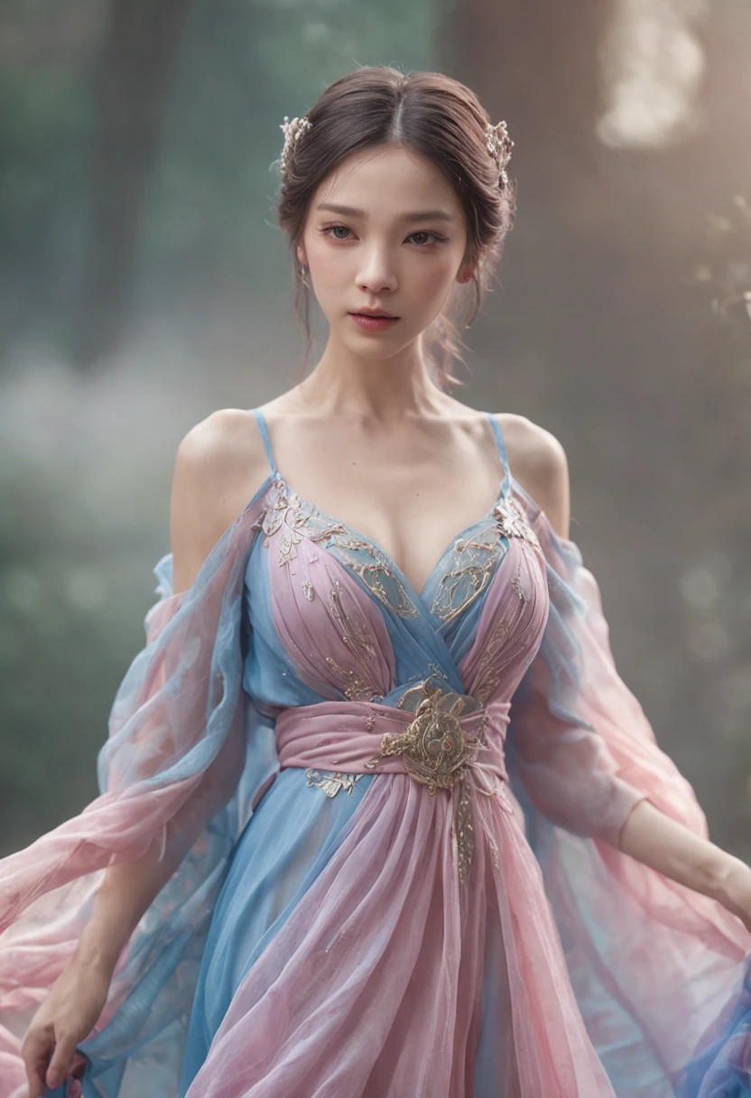 best qualtiy, tmasterpiece, The ultra-Highres, Close-up of a woman in a blue-pink flowing gauze dress, Full-body close-up, slutty, Cropped shoulders, Beautiful teenage girl, Beautiful fantasy empress, ethereal beauty, Beautiful fantasy maiden, Beautiful goddess, ((Beautiful fantasy empress)), Oriental Fantasy, ethereal fantasy, Detailed Scenes, amazing pose, Eye-catching accessories, Picturesque