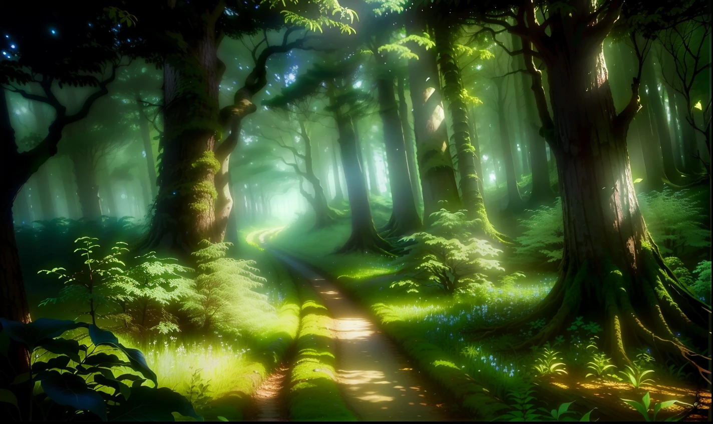 uma foto tirada de um videogame de uma floresta com um homem caminhando por ela, ambiente florestal, magical forest backround, peaceful lushious forest, forest setting, natureza anime, floresta muito bonita, magical atmosphere, arte de fundo do anime, Anime natureza Wallpap, cena dentro da floresta, magical forest in the background, forest scenery, magical forest background, magical forest
