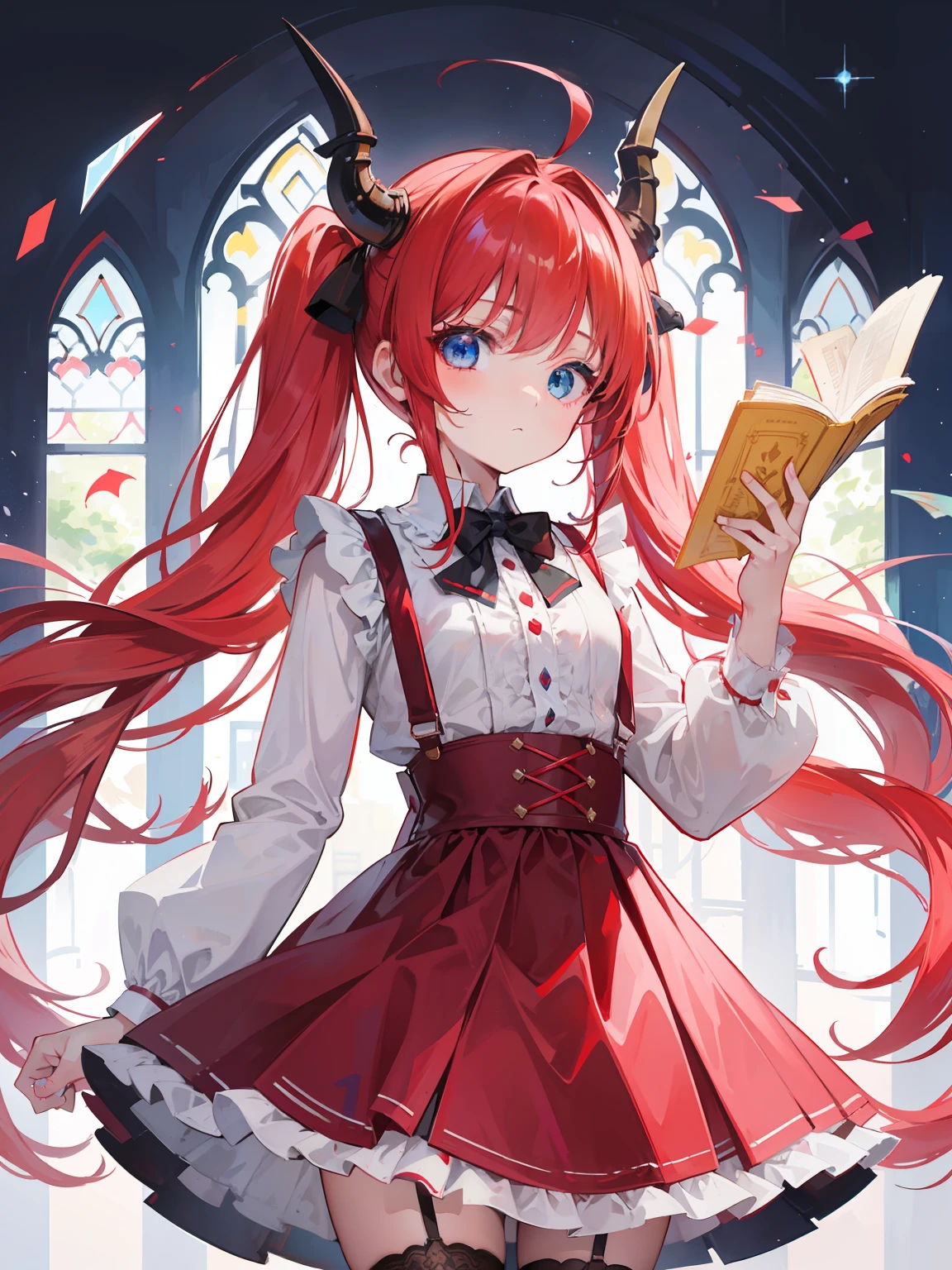 {{best quality}}, {{masterpiece}}, {{ultra-detailed}}, {illustration}, {detailed light}, red hair,blue eyes,twintails,ta,Suspenders skirt,Fantastic,lolio,Dragon horns,little gir