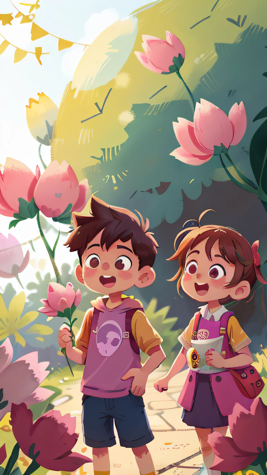 A boy，one-girl，Boys are as tall as girls，couple，love heart ，Holding flowers，Amusement park scene，Many balloons,cheerfulness，rejoice，Perfect quality，Clear focus（Clutter - home：0.8）， （tmasterpiece：1.2） （realisticlying：1.2） （bokeh） （best qualtiy） （detailedskin：1.3） （complexdetails） （8K） （detailedeyes） （Sharp focus）,（having fun）Color: pinkish-purple