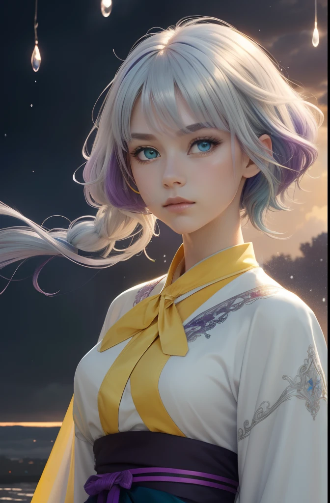 masuter piece), top-quality, ultra-detailliert, Beautiful work, Floating feeling, hight resolution, futuristic background、Dynamic angles, Dynamic Poses, １People Girls, Blue eyes, (multicolored hair+Silver hair:1.3+red hairs:1.2+Purple hair+yellow  hair:1.3+Green hair:1.3), White kimono, Ribbon around the neck, beautiful expression, A lot of water droplets, ​​clouds, Twilight, Wide Shot, watercolor paiting