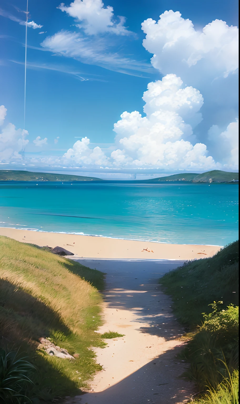 Clouds、Blue sky、strait,A gentle breeze blows the sea,Pure scenery,Don't show up characters+1.5, Quiet and idyllic,high definition detail、Ultra-detailed and refined presentation,Cinematic surrealism,Soft light on the background,Deep focus and bokeh effects,Ray tracing and surrealist art style