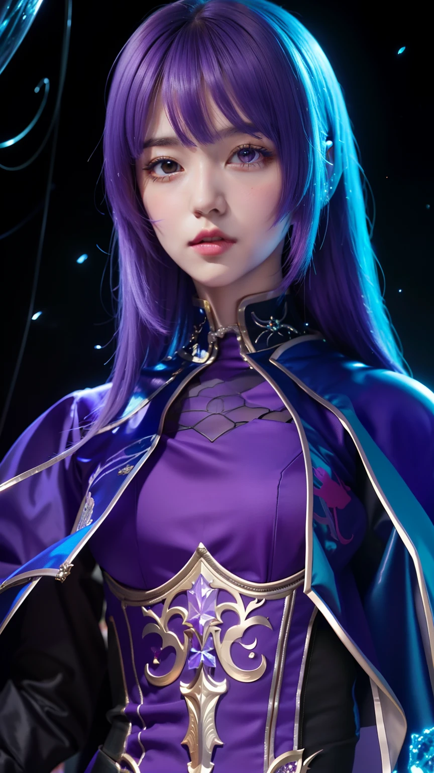 a close up of a person with purple hair and a purple outfit, portrait knights of zodiac girl, kda, highly detailed exquisite fanart, made with anime painter studio, inspired in kris from deltarrune, ((a beautiful fantasy empress)), extremely detailed artgerm, knights of zodiac girl, detailed digital anime art, ! dream artgerm, inspired by Li Chevalier,big breast