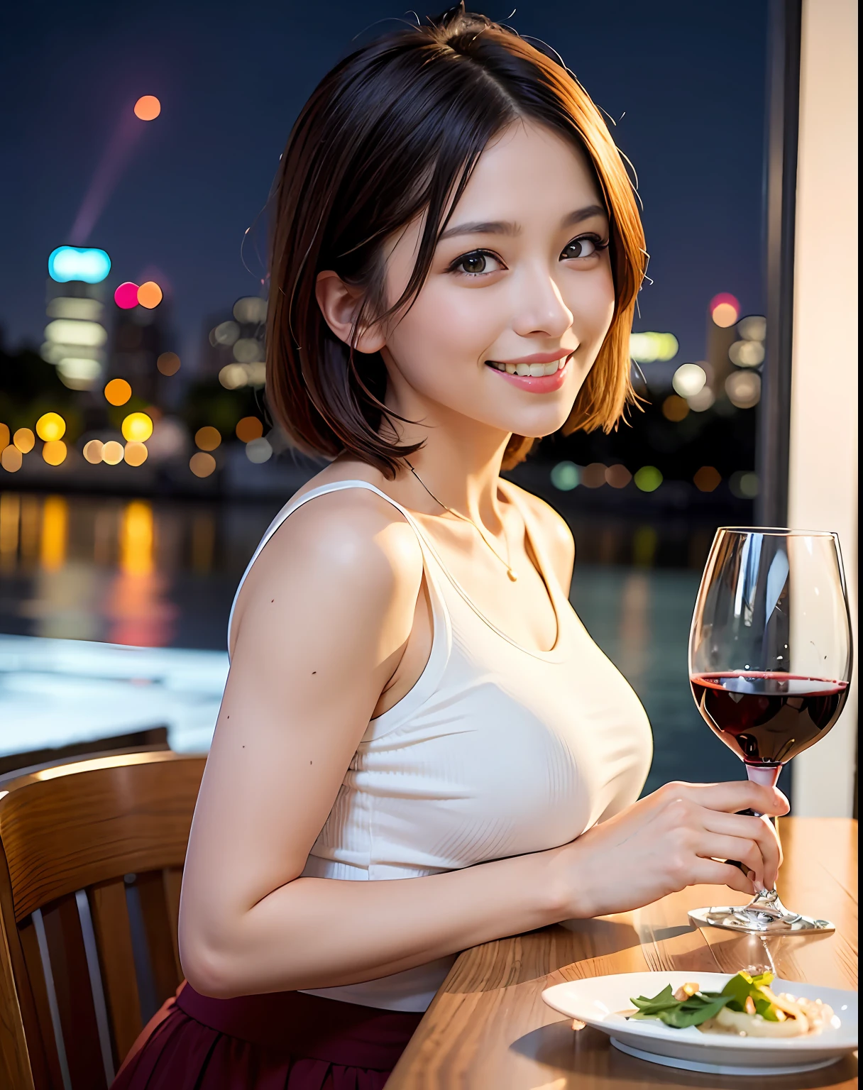 (64K, UHD, top quality, masterpiece: 1.2), (realistic, photorealistic: 1.37), super detailed, pretty woman 1 person, (slim face), (slim body), (brown hair), (short cut), cheeks slightly blushing, (44 years old), 38 years old, solo, beautiful detailed urban night view outside the window, restaurant, wine glasses sit, at night, in a prominent placeNovaFrogStyle, Actress, Model, Waist Up, White Wine, Slim, Wine Glass, Super Clean Night View, Wine Glass Put in the Middle, Happy Smile, (Smile: 1.15), Beautiful Fine Eyes, Upper Body, Bust Japan Up, Night, Short, Short, Actress, Model, Waist Up, White Wine, Slim, Wine Glass, Super Clean Night View, Wine Glass Put in the Middle, Happy Smile,