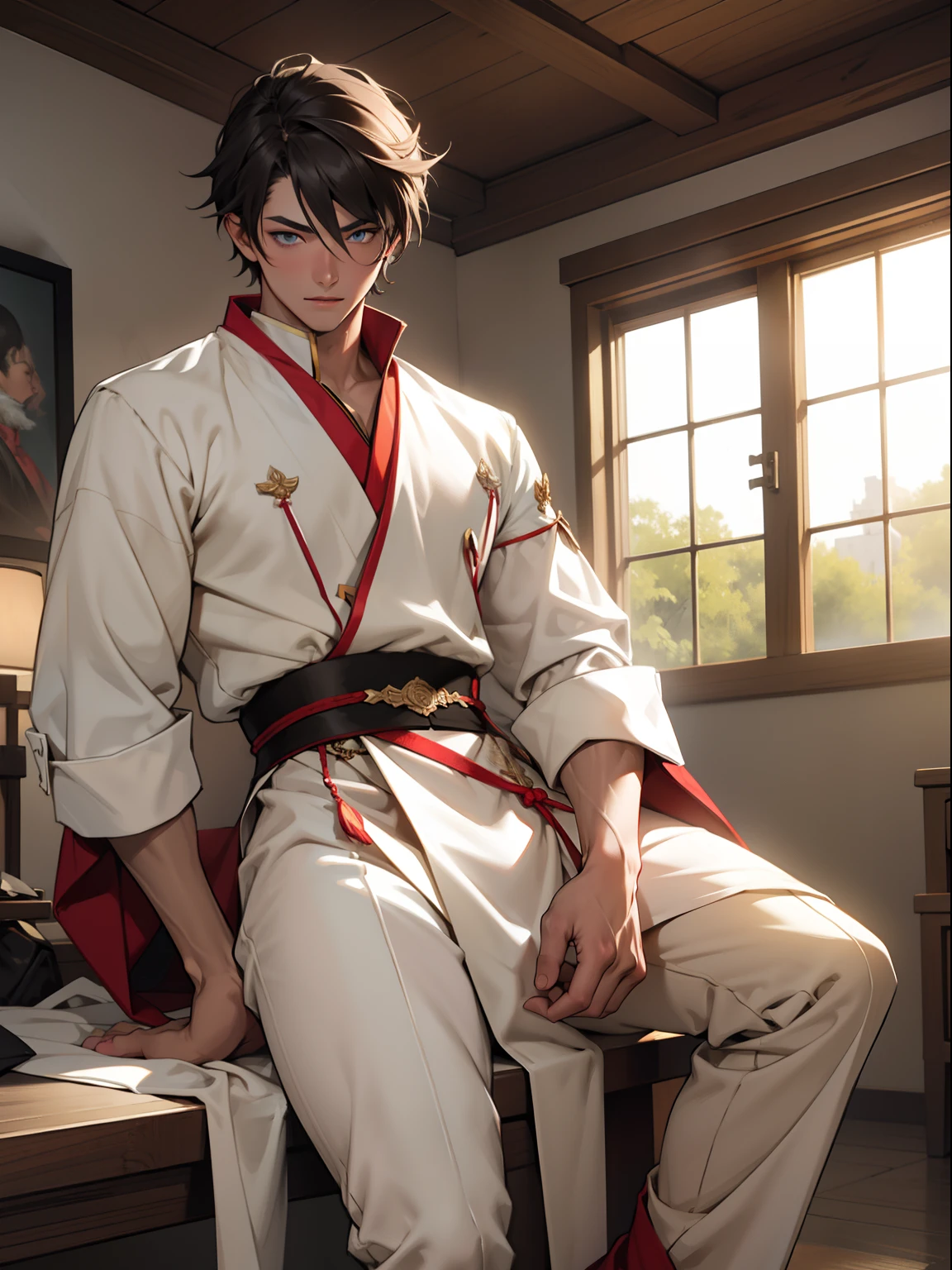 Libido boy，short detailed hair，Handsome，Clear eyes，Douluo costume，sitted，natta，inside in room，