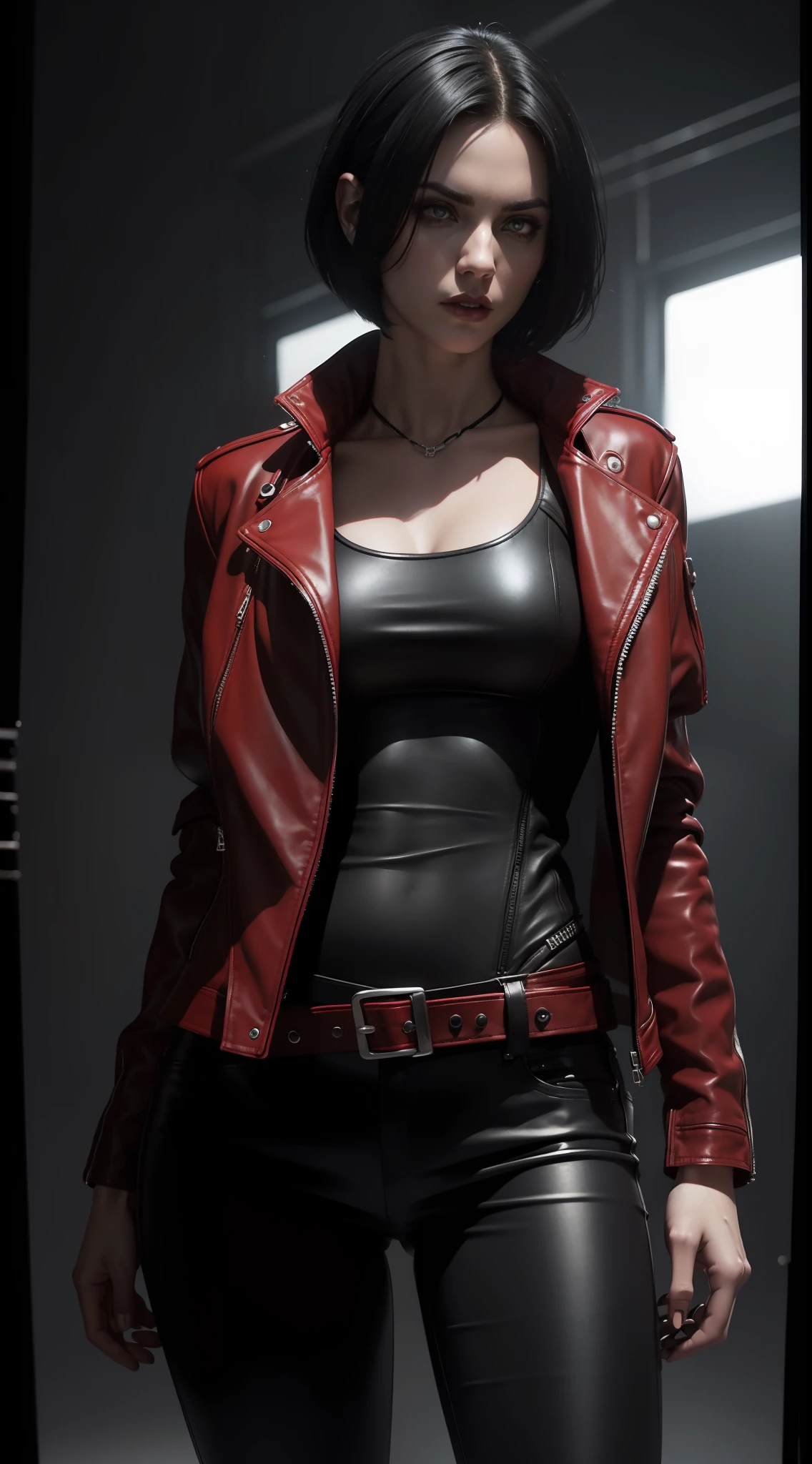 Resident Evil 6,ada,Ada Wong,ultra-quality,Photorealsitic,a red jacket,Black leather pants,An ultra-high picture quality,Digital SLR,Based on anatomical grounds,Depicted in detail,Colossal tits,A slight smil,Detailed face,