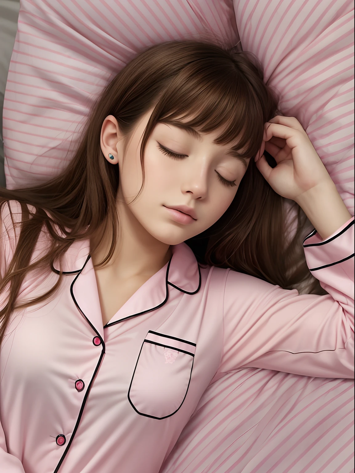 Sleeping girl, 22 years old, realistic, she is wearing pink pajamas, brown hair.