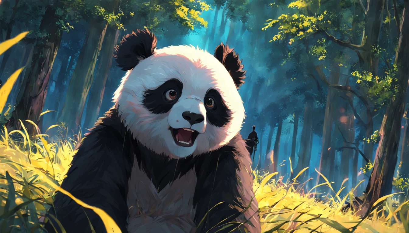 tmasterpiece，best qualityer，cinematic Film still from，1 panda，Close-up，natta，The panda looks up at the forest