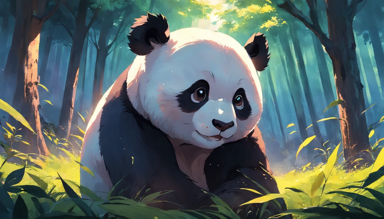 tmasterpiece, best qualityer, cinematic Film still from, Two pandas, Close-up Shot Shot,Bright and bright, cheerfulness, Soft lighting and warmth, natta, Panda looking up at the sky in the forest