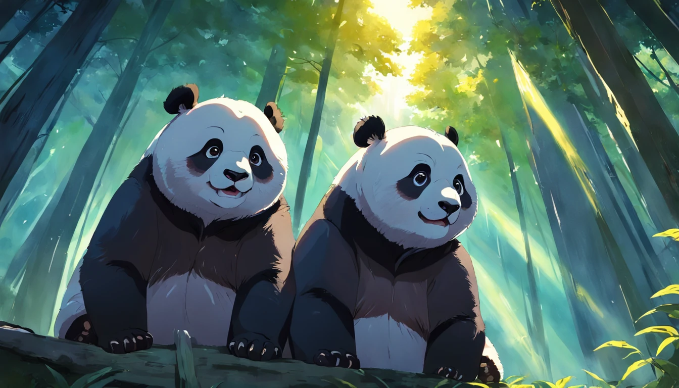 tmasterpiece, best qualityer, cinematic Film still from, Two pandas, Close-up Shot Shot,Bright and bright, cheerfulness, Soft lighting and warmth, natta, Panda looking up at the sky in the forest