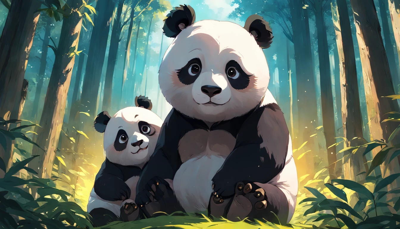 tmasterpiece, best qualityer, cinematic Film still from, Two pandas, Close-up Shot Shot,Bright and bright, cheerfulness, Soft lighting and warmth, natta, Panda looking up at the sky in the forest