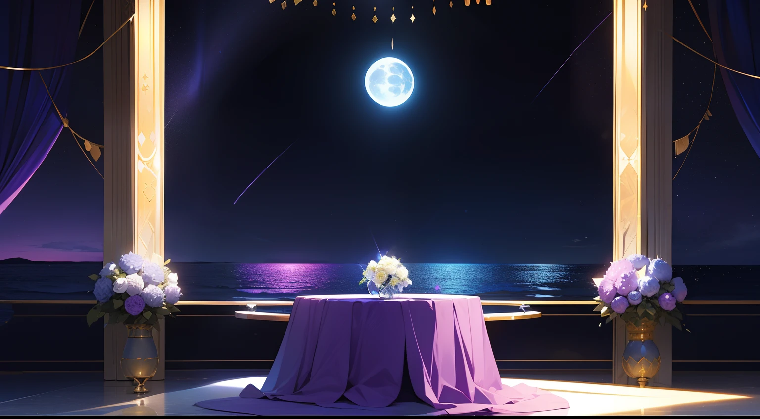 Best Category-Visual Arts: "create a table with the backdrop un mar con estrellas y luna grande. The scene is in a purple and blue color scheme, con tematica de noche , con decaracion de linternas amarillas luminosas, lamparas chinas."