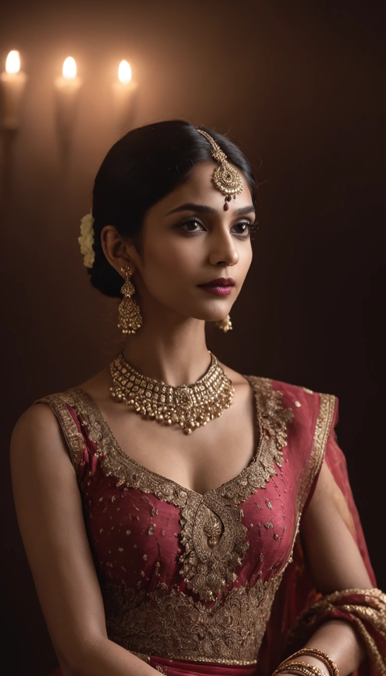 Captivating photos taken in a studio environment, Showcasing Indian models with impeccable elegance. The backlit setup is、Add a touch of mystery, Project the silhouette of a model on a dark background. The details of the model's face are beautifully emphasized, Hazel eyes, especially those that retain a sense of depth and emotion. The scene is bathed in movie lighting, Create an intimate and enchanting atmosphere.