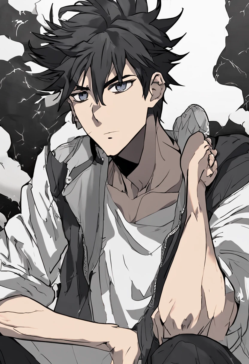 Anime guy with black hair and black shirt holding his head, killua zoldyck cabelo preto, personagem de anime masculino, estilo anime masculino, homem bonito anime, como um personagem de anime, cara de anime alto com olhos azuis, jovem homem de anime, com o dedo indicador, Shikanosuke Yagaki, personagem de anime, anime, Okata Kazuto., Aramaki Shinji