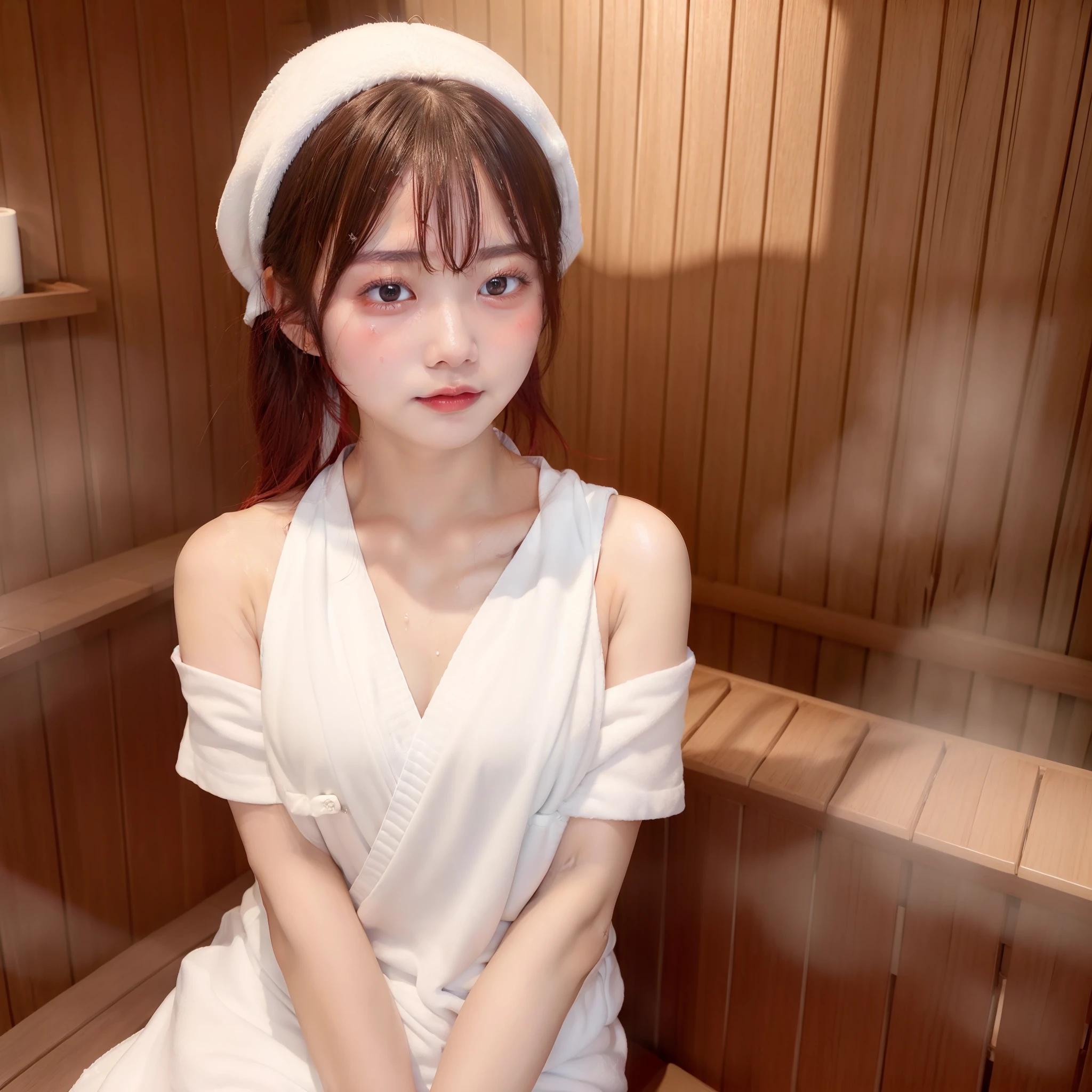 ((sauna、Red face、Sweaty、Sitting with a white bath towel wrapped around the chest down、top-quality、8k、masterpiece:1.3))、foco nítido:1.2、Beautiful woman with perfect body:1.4、slim abdomen:1.2、((poneyTail、huge tit:1.2))、(Small and beautiful hard nipple) Highly detailed facial and skin texture、 A detailed eye、二重まぶた