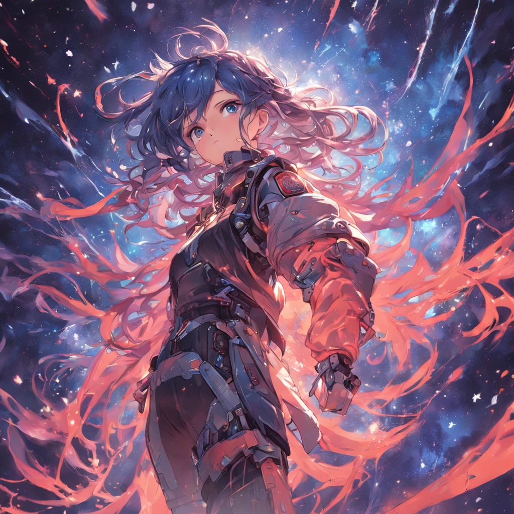 low angle, full shot, female, hyper realistic, photo, long hair, body armor, floating in space, lab, curious expression apocalyptic environment full body official art, unity 8k wallpaper, ultra detailed, beautiful and aesthetic, masterpiece, best quality, zentangle, mandala, tangle, entangle, extremely detailed, dynamic angle, elegant, atmospheric, ecstasy of life, short messy blue hair