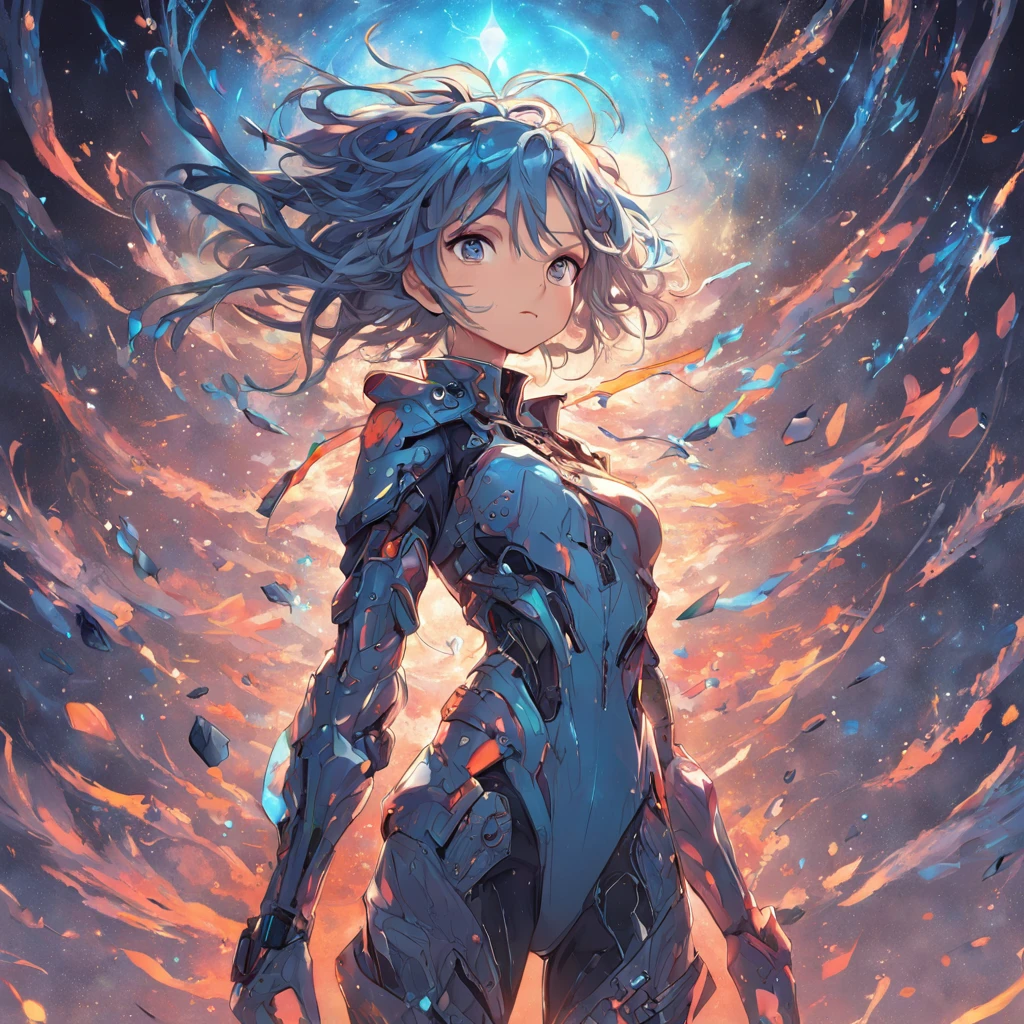 low angle, full shot, female, hyper realistic, photo, long hair, body armor, floating in space, lab, curious expression apocalyptic environment full body official art, unity 8k wallpaper, ultra detailed, beautiful and aesthetic, masterpiece, best quality, zentangle, mandala, tangle, entangle, extremely detailed, dynamic angle, elegant, atmospheric, ecstasy of life, short messy blue hair