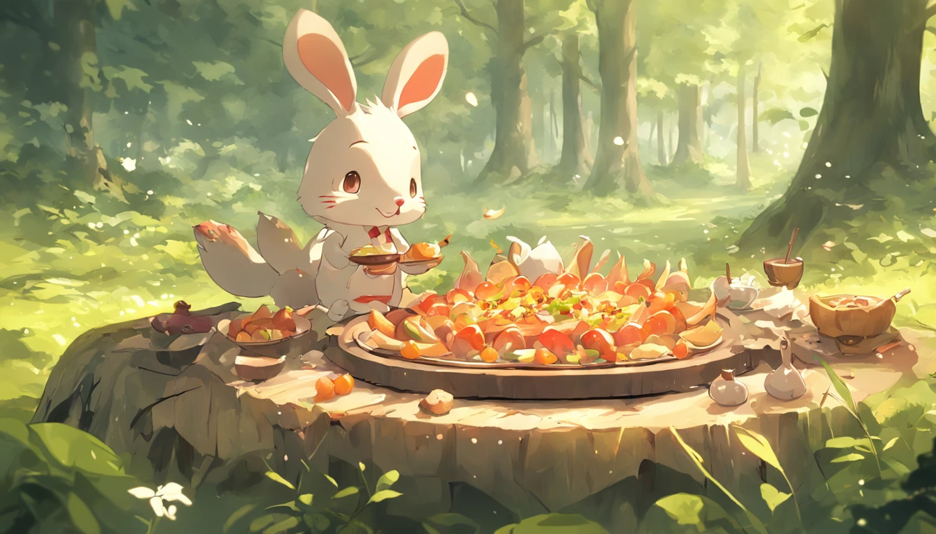 (bunny、Little squirrels enjoy a sumptuous dinner in the forest), barbecue, Bake naturally, the fruits, delicacies,ln the forest, A small dinner in the summer forest, Delicious picnic 3d rendering stylized,Cute 3d render,3D rendering official art,Stylized anime,Polycount competition winner,Render baking