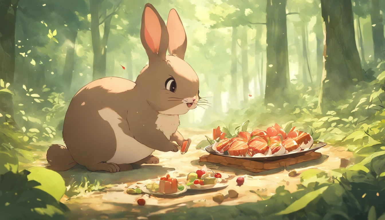 （bunny、Little squirrels enjoy a sumptuous dinner in the forest）, barbecue, Bake naturally, the fruits, delicacies，ln the forest, A small dinner in the summer forest, Delicious picnic 3d rendering stylized，Cute 3d render，3D rendering official art，Stylized anime，Polycount competition winner，Render baking