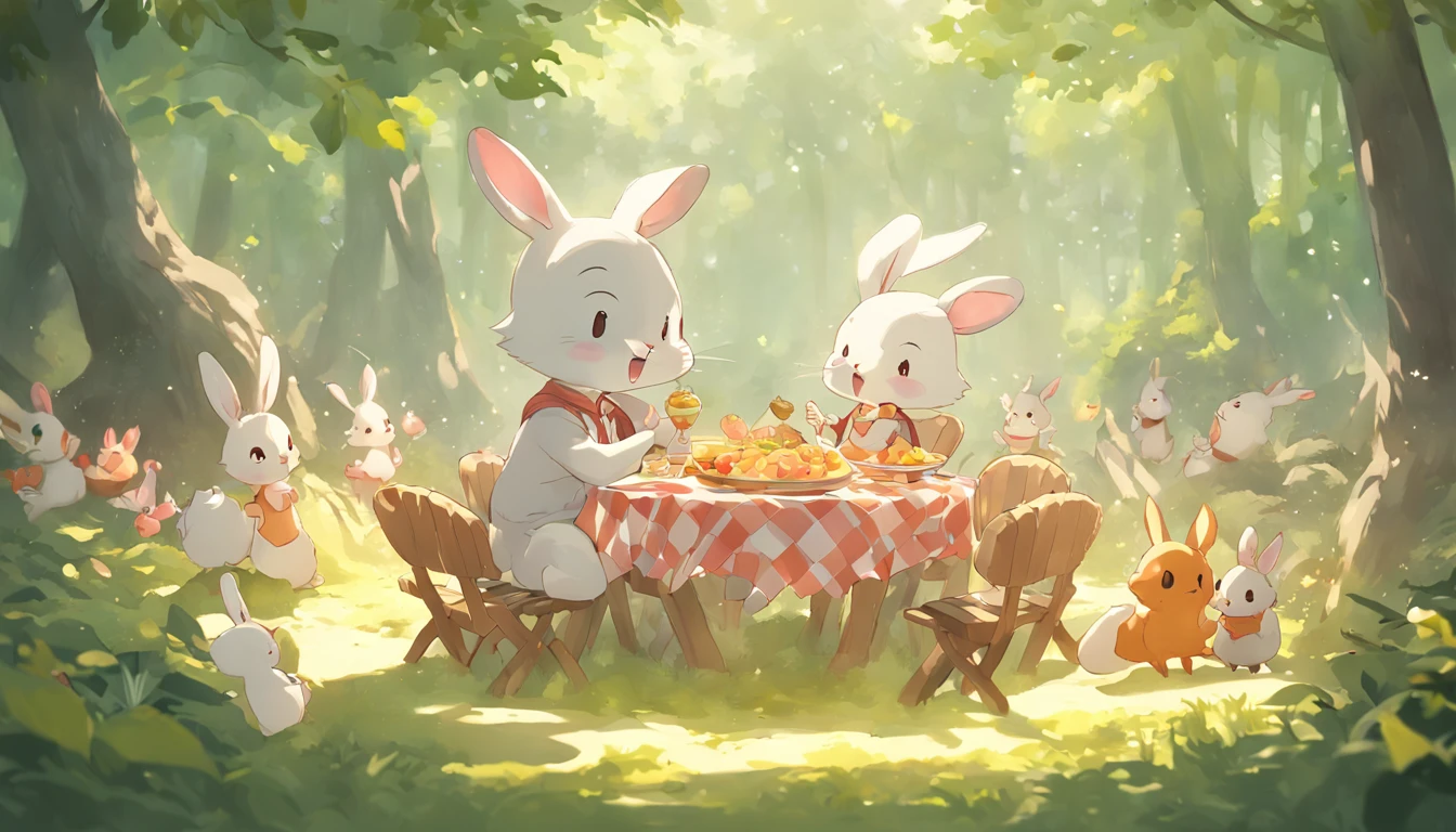 (bunny、Little squirrels enjoy a sumptuous dinner in the forest), barbecue, Bake naturally, the fruits, delicacies,ln the forest, A small dinner in the summer forest, Delicious picnic 3d rendering stylized,Cute 3d render,3D rendering official art,Stylized anime,Polycount competition winner,Render baking