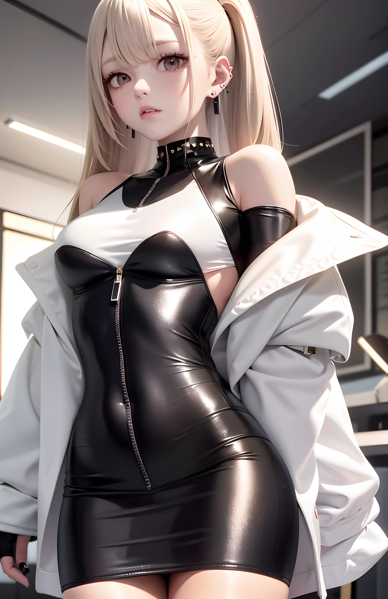 optimum,tmasterpiece,A high resolution,best qualtiy,hyper HD,super detailing,Award-Awarded,16k,独奏,(The upper part of the body),anatomy correct,Beautiful cyberpunk girl,cute face,,Gradient Beige Hair,Hairline,((Scarlet eyes)),long eyelasher,Hanging eye corners,White skin of the,(small boobs),(Slim body),((Women's super short shawl leather jacket)),((racing_suit)),((high-waist_Skirt)),ear studs,(neck rings),(Laser material clothing:1.2)