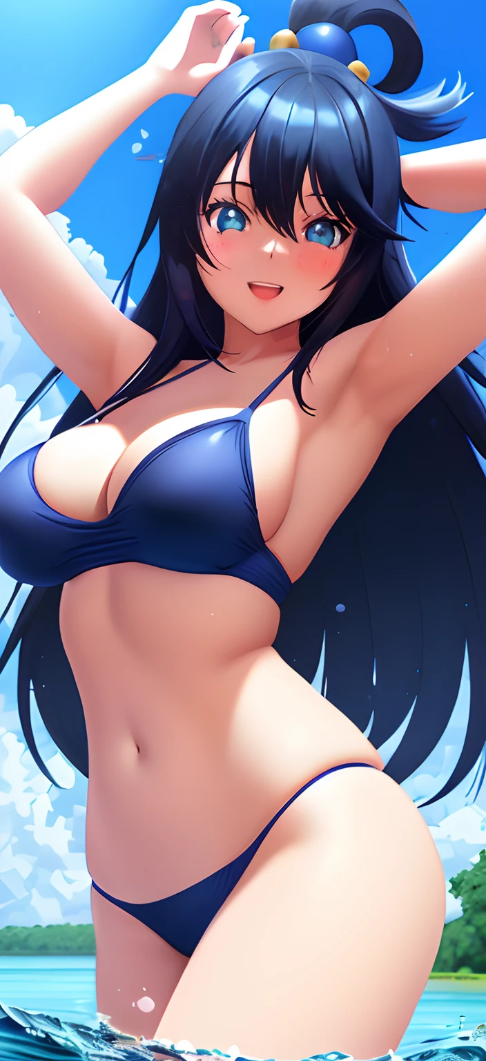 (A hyper-realistic), (illustratio), (hight resolution), (8K), (ighly detailed), (The best illustrations), (Beautiful detailed eyes), (top-quality), (ultra-detailliert), (masterpiece), (wall-paper), (详细的脸),Perfect figure、Cute girl in swimsuit with arms outstretched, aqua from konosuba, anime moe art style, Pose(Arms up + Happy), Smooth Anime CG Art, nagatoro, anime girl walking on water, konosuba anime style, made with anime painter studio, Stylized anime, by ilya kuvshinov