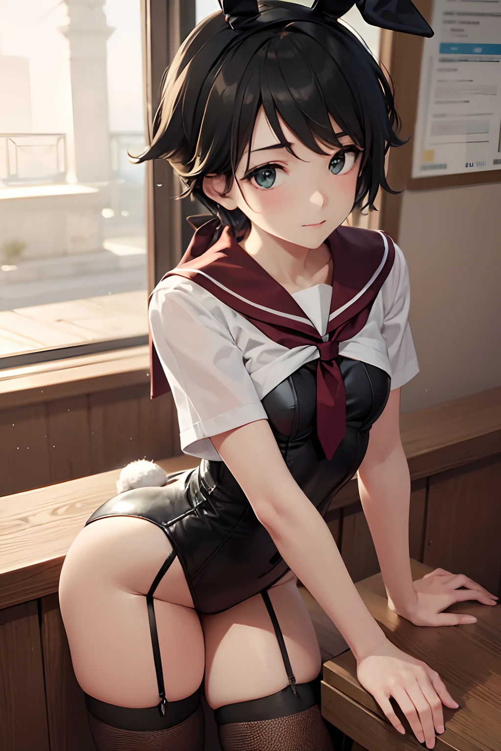 ((masterpiece,best quality)), highres, extremely detailed 8K wallpaper, depth_of_field, best shadow, (Colorful),(Delicate eyes and face), nice hand, Perfect hands, volumatic light, Ray tracing, BREAK
(1girl in), mogami \(kancolle\), black hair, short hair, black eyes / green eyes, swept bangs, small breasts, slender, skinny, Happy, blush, BREAK,
(wear white school uniform top over black playboy_bunny leotard:1.3), (sailor collar:1.5), (red tie:1.3), (white fake animal ears), (Parted clothes at the top and bottom:1.2), (short sleeves:1.1), (black BunnyGirl Costume:0.8), (fishnet stockings:1.2), High heels, (rabbit_tail:1.2), BREAK,
Cowboy Shots, Looking at Viewer, stomach focus, inside the bar, Ultra detailed backgrounds,