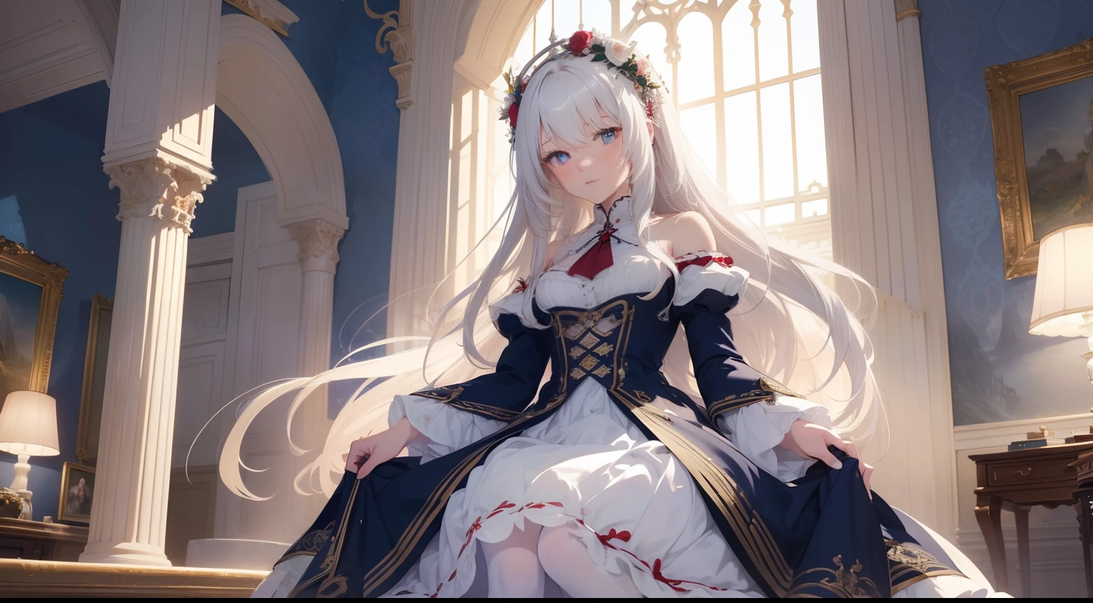 ((Best quality)), ((Masterpiece)), ((Ultra-detailed)), (illustration), (Detailed light), (An extremely delicate and beautiful), Dramatic perspective,A charming young girl,Long white hair,Red pupils,a blue dress,Half chest exposed,Long sleeves,Girls white stockings,Vera,the night