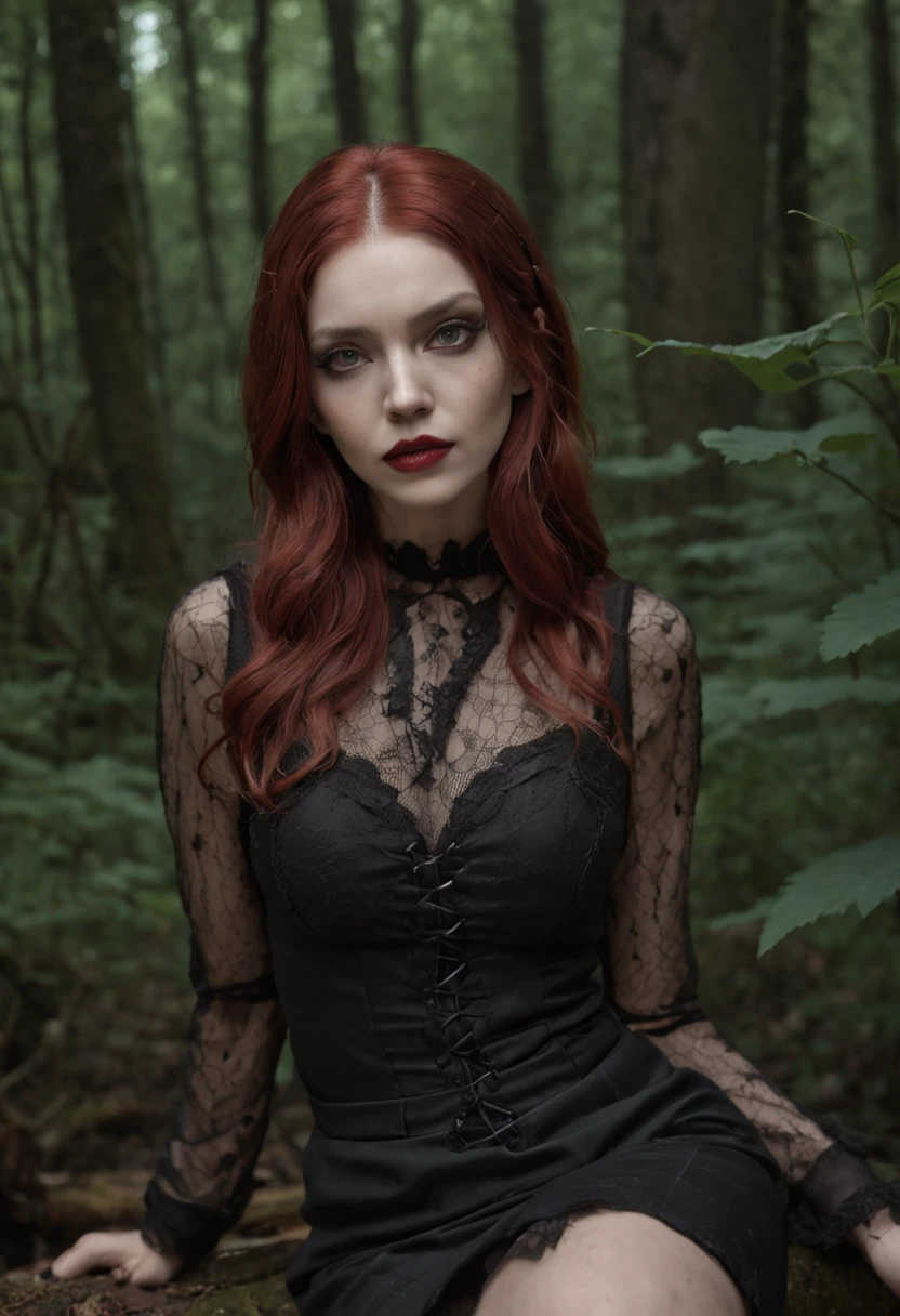 Hyper-realistic, ultradetailed, tmasterpiece. (A night in a dark forest:1.3). The woman, (Tormented by lust:1.3), (The swamp consumes her body:1.7). mini skirt, Black stockings with garters, leather jacket, black stiletto heels, (emaciated face:1.4), (dehydrated face:1.5), (outcast:1.6), Copper-red hair