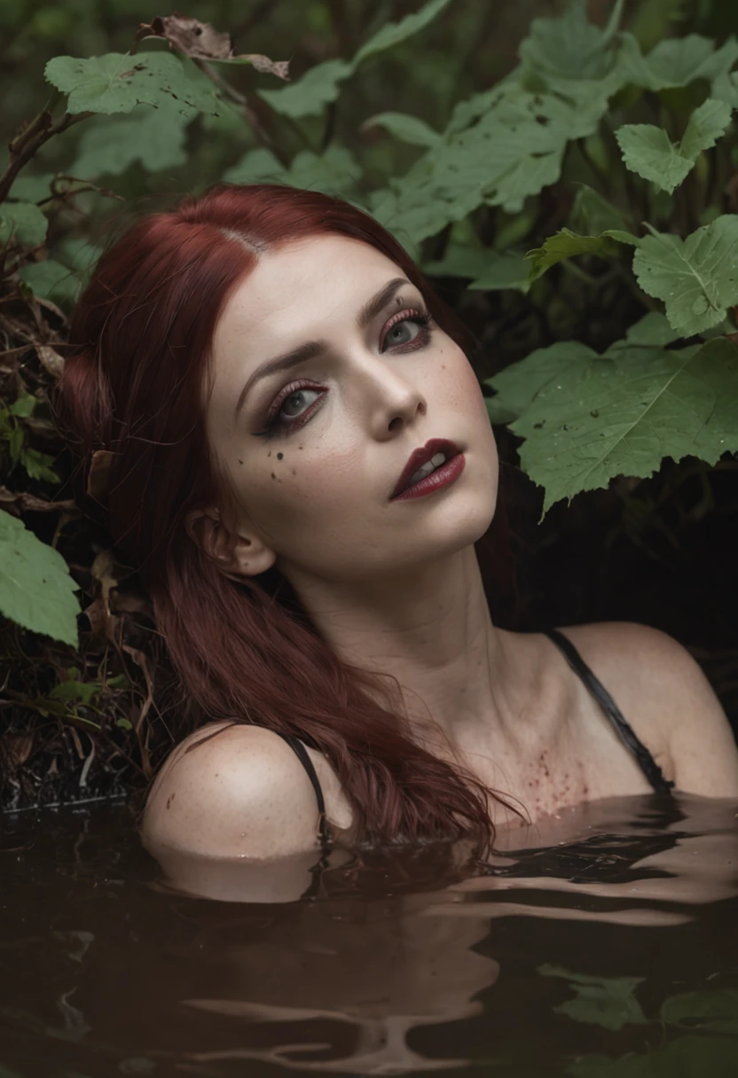 Hyper-realistic, ultradetailed, tmasterpiece. (A night in a dark forest:1.3). The woman, (Tormented by lust:1.3), (drowning in a swamp, The swamp consumes her body:1.5). mini skirt, Black stockings with garters, leather jacket, black stiletto heels, (emaciated face:1.4), (dehydrated face:1.5), (outcast:1.6), Copper-red hair