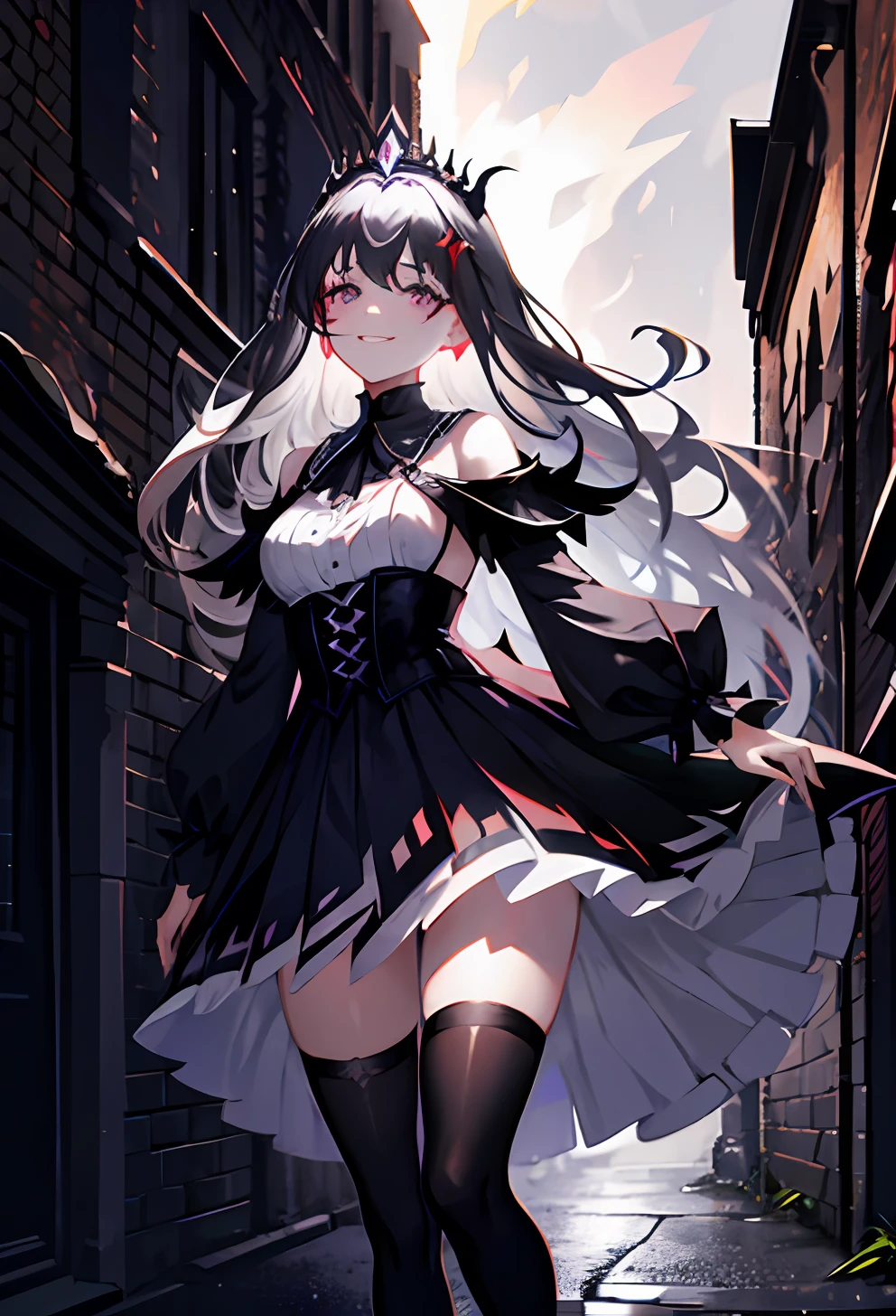 1 girl, witch, wearing a tiara, wallpaper, whole picture, grey skies background, dark picture, dark alley in background, ruined wall background, asymmetric hair, boob window, black thigh_highs, grey hair, multicolored hair, long hair, medium breasts, psycho smile, evil_smile, dark purple eyes, view from the side, looking at viewer, laughing, ruffled hair, showy dress, white royalty dress, casting spell from own hand, astral legs, absurdres