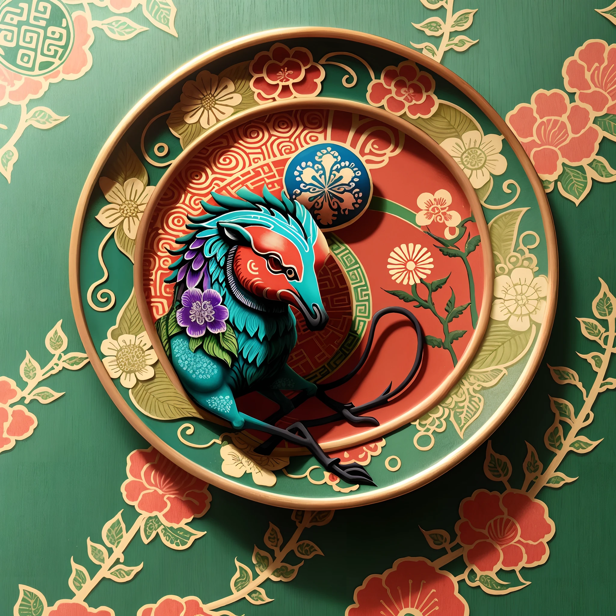 Stamps depicting flora and fauna,Psychedelic 2D style, China-style,Colorful, Chinese folk art