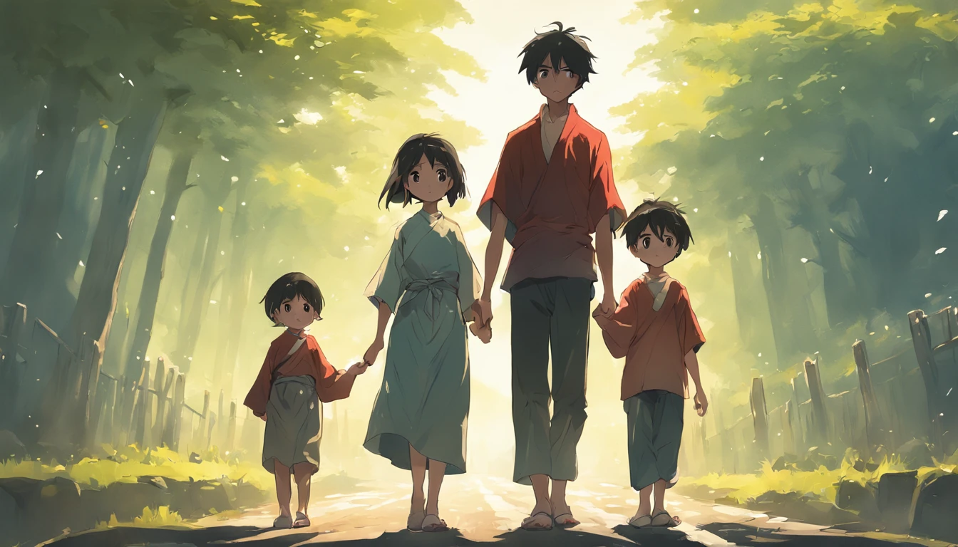 an asian family of four consists of four members: parents and two sons walking hand in hand on a long road leading to distant hills, few trees, high quality photos, real photos, super realistic , family near camera angle, taken with Canon EOS 5D, ((full body)), just four people, family standing back to the right,Everyone turns to the camera, village