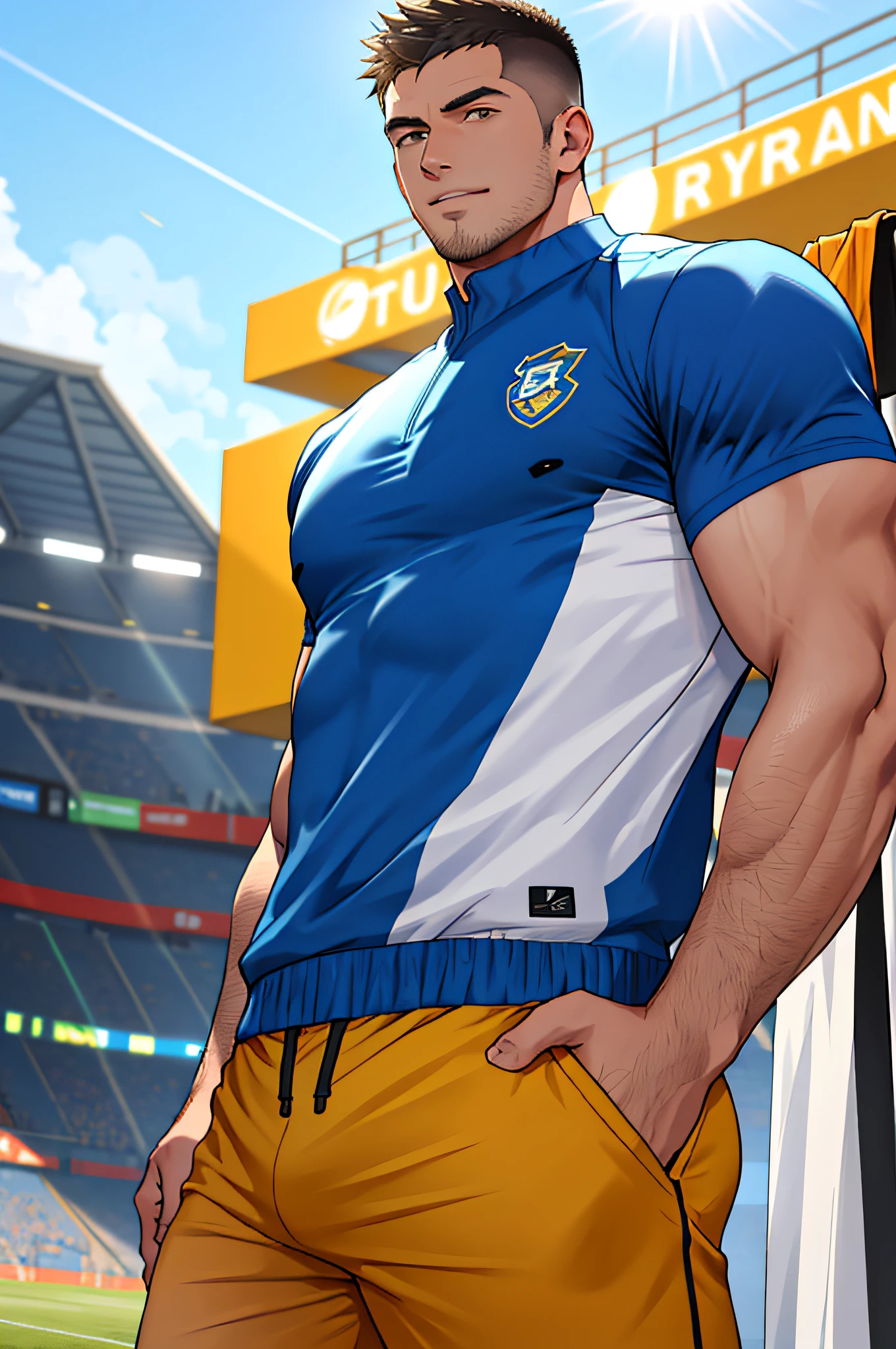 Draw a full-fledged athlete,Stand on the central field of the gym,He wears high-end sportswear,The man looks confident and determined,rays of sunshine,cheerful big breasts,Handsome,Crew cut,full bodyesbian,shooting from below,