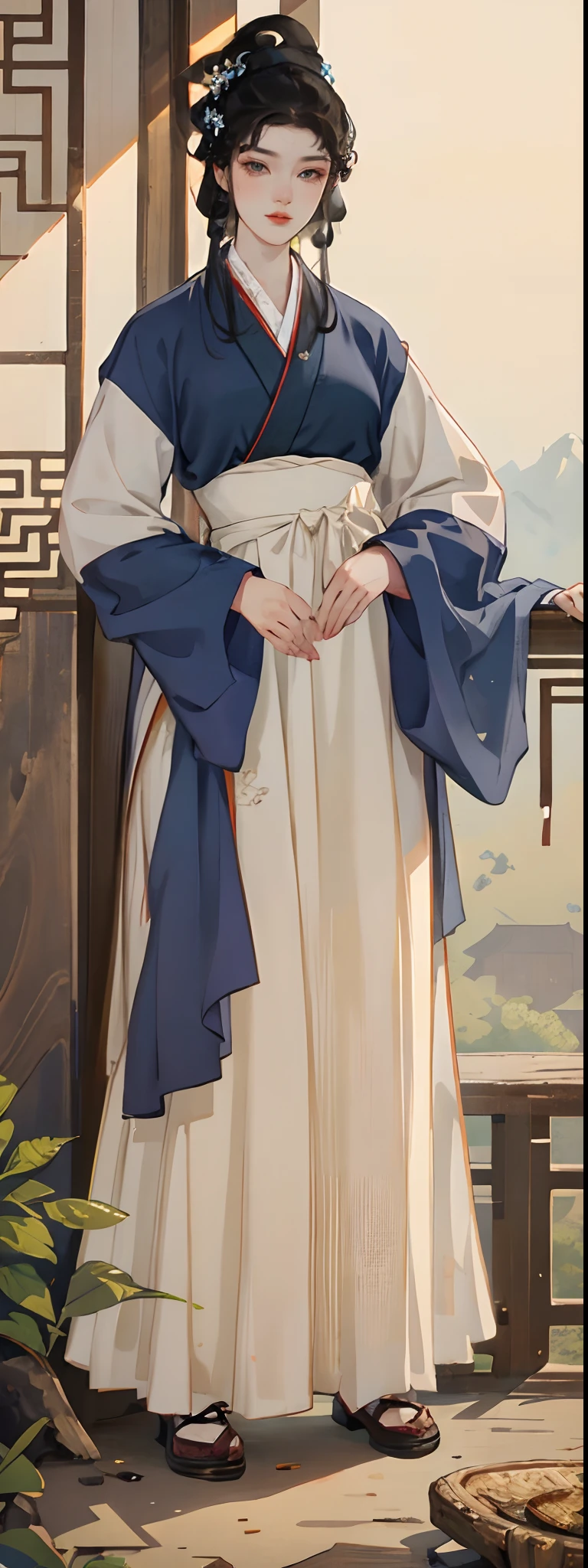 A girl in Hanfu，The image of a plain rural village woman dressed，Shabby clothes，It's all dirt，A lot of patches，