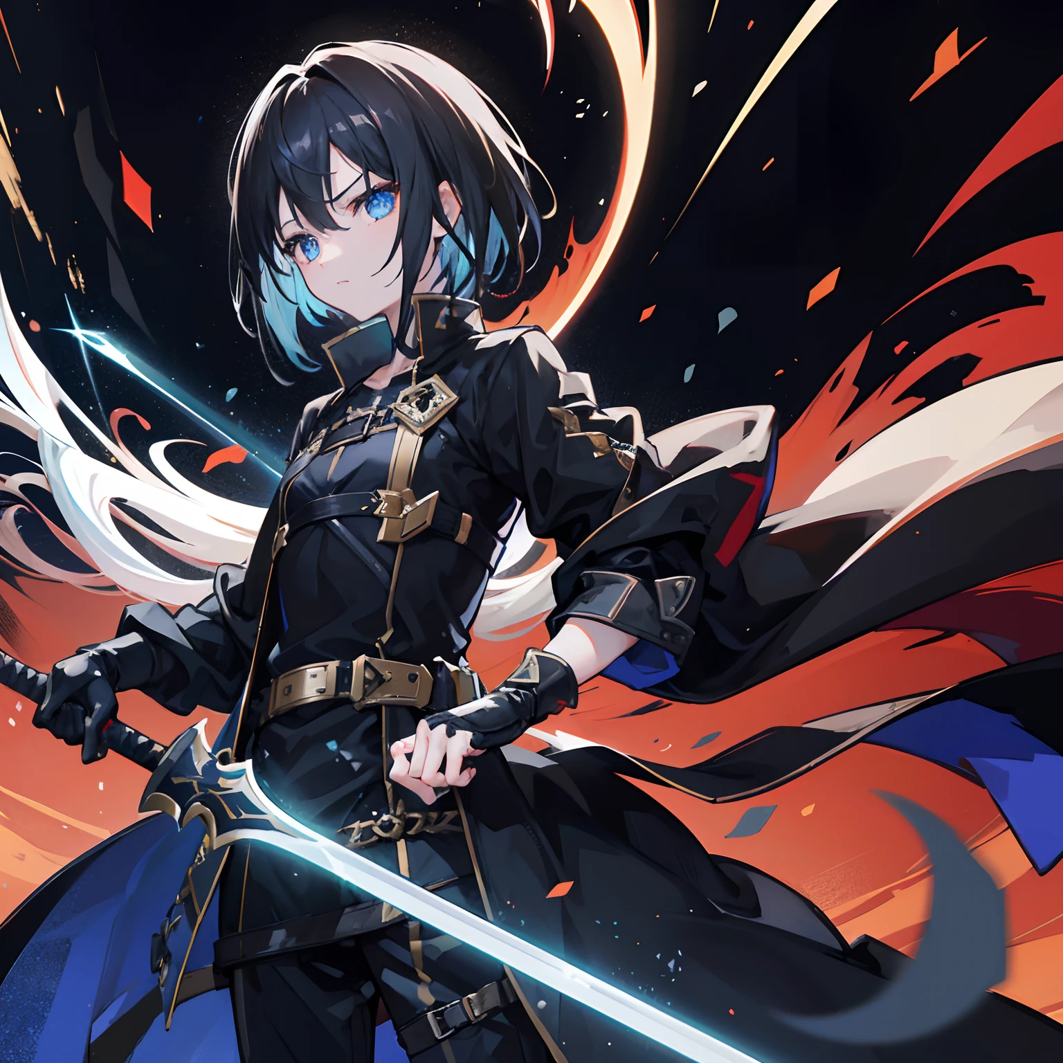 {{{boy}}} {solo} with dual sword in his back, one sword is in pure black and another sword is in golden color, full black dress, anime style, sword art online, red background, minimalistic, blue eyes, black hair, protagonist gun in both sides, {{with coat in midnight color}}, {{skull in t-shirt}}, in both hands a dagger solo leveling